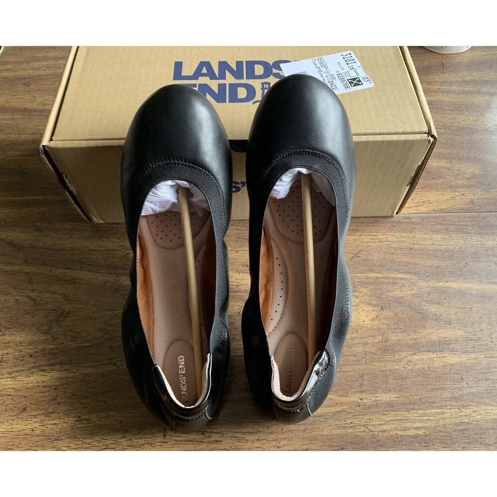 Lands End Comfort Slip On Leather Ballet Flats Black Women Size 9.5 B